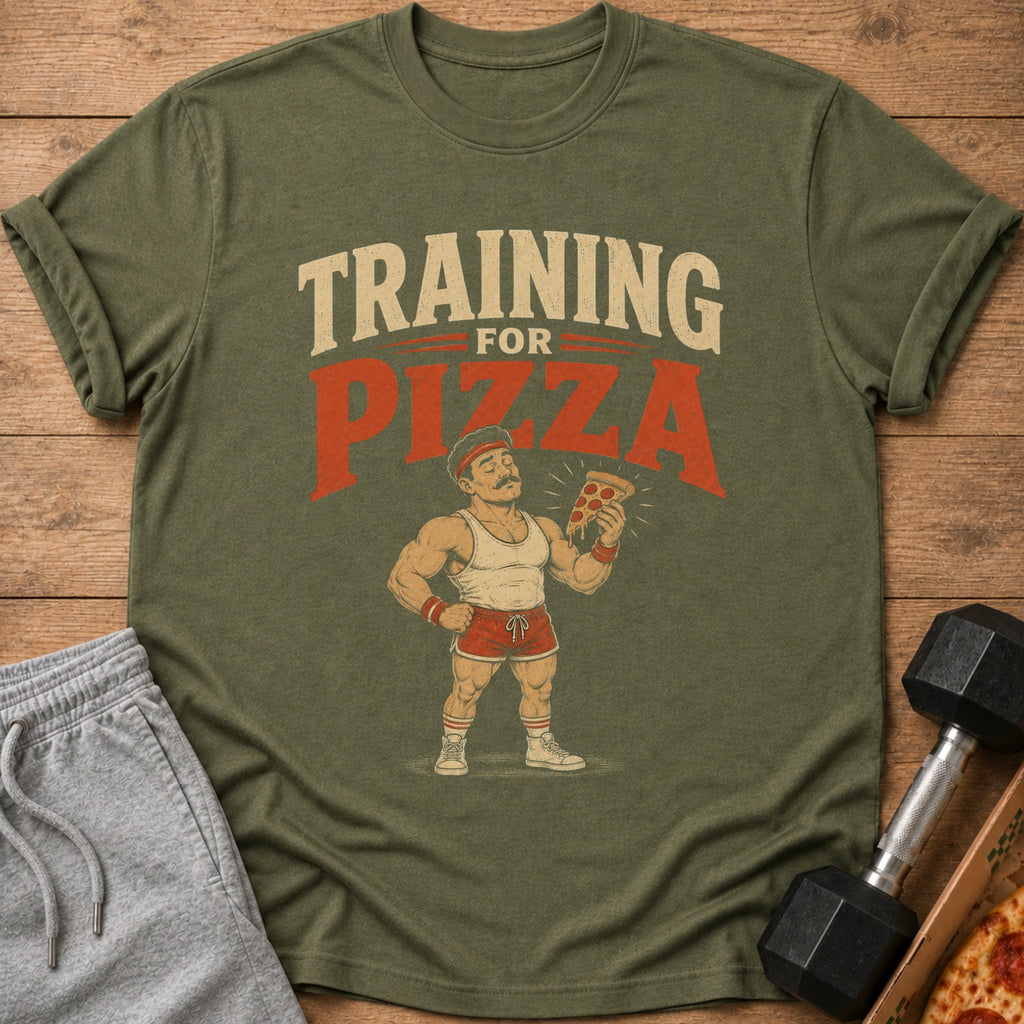 Green t-shirt with "TRAINING FOR PIZZA" text and a muscular man holding a pizza slice.