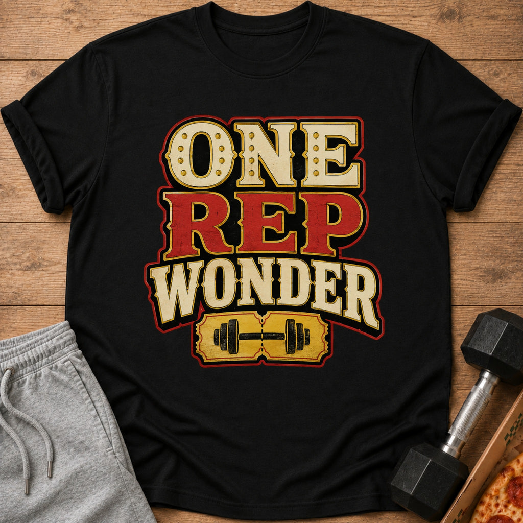 Black t-shirt with "ONE REP WONDER" text and dumbbell graphic.