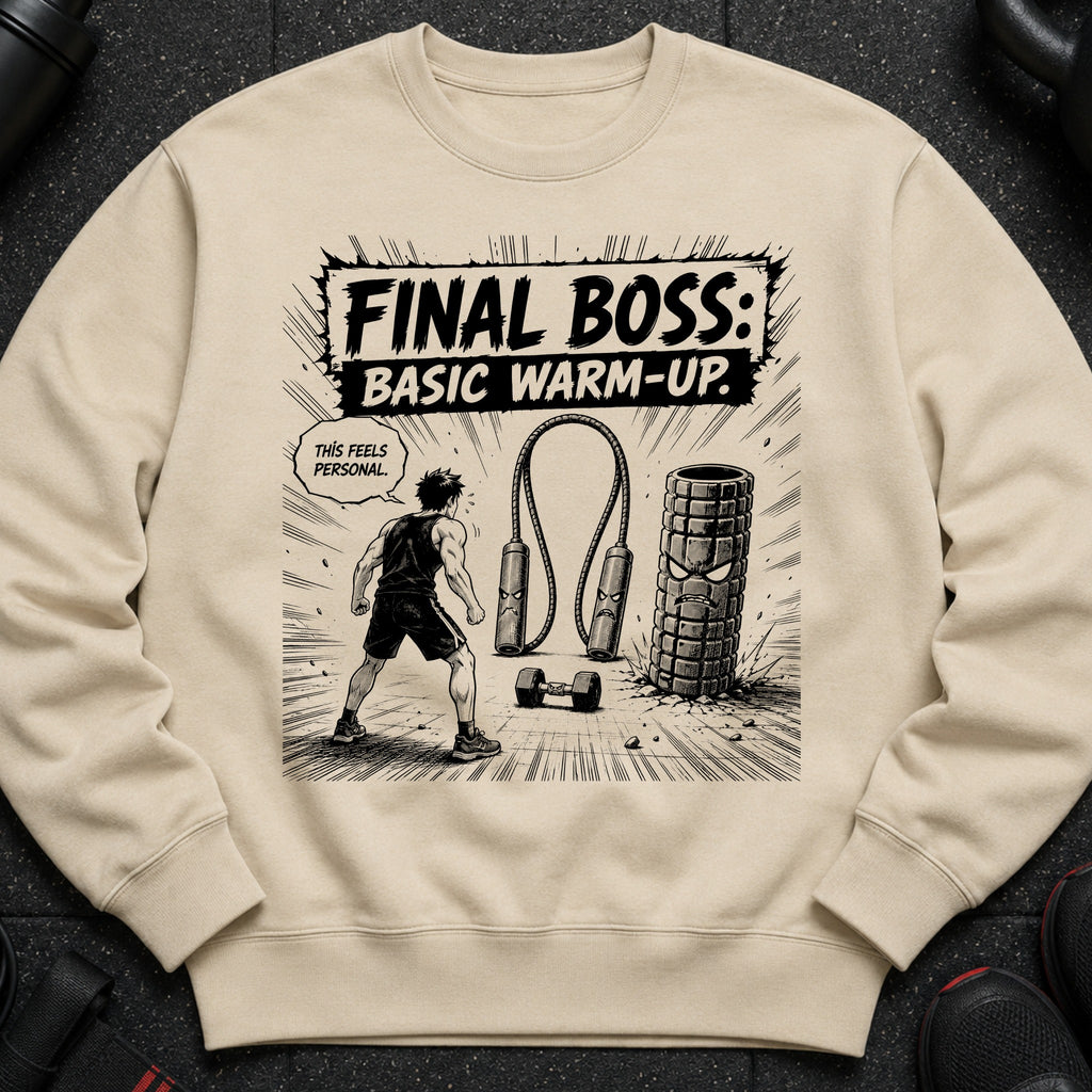 Light beige sweatshirt with "FINAL BOSS: BASIC WARM-UP" graphic and comic scene.