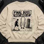 Light beige sweatshirt with "FINAL BOSS: BASIC WARM-UP" graphic and comic scene.