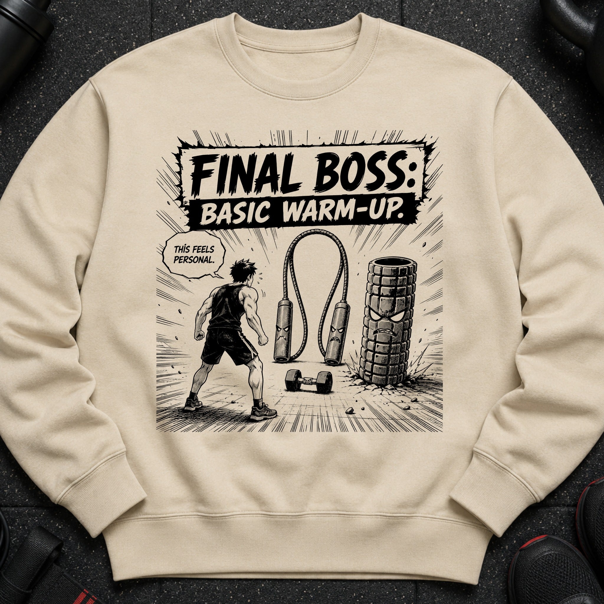 Light beige sweatshirt with "FINAL BOSS: BASIC WARM-UP" graphic and comic scene.