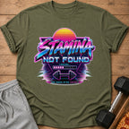 Green t-shirt with 80s-style graphic: "STAMINA NOT FOUND LOADING..." with a progress bar and dumbbell.