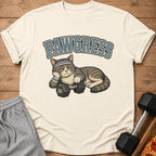 Cat with headband and wristbands rests on dumbbell with "PAWGRESS" text.