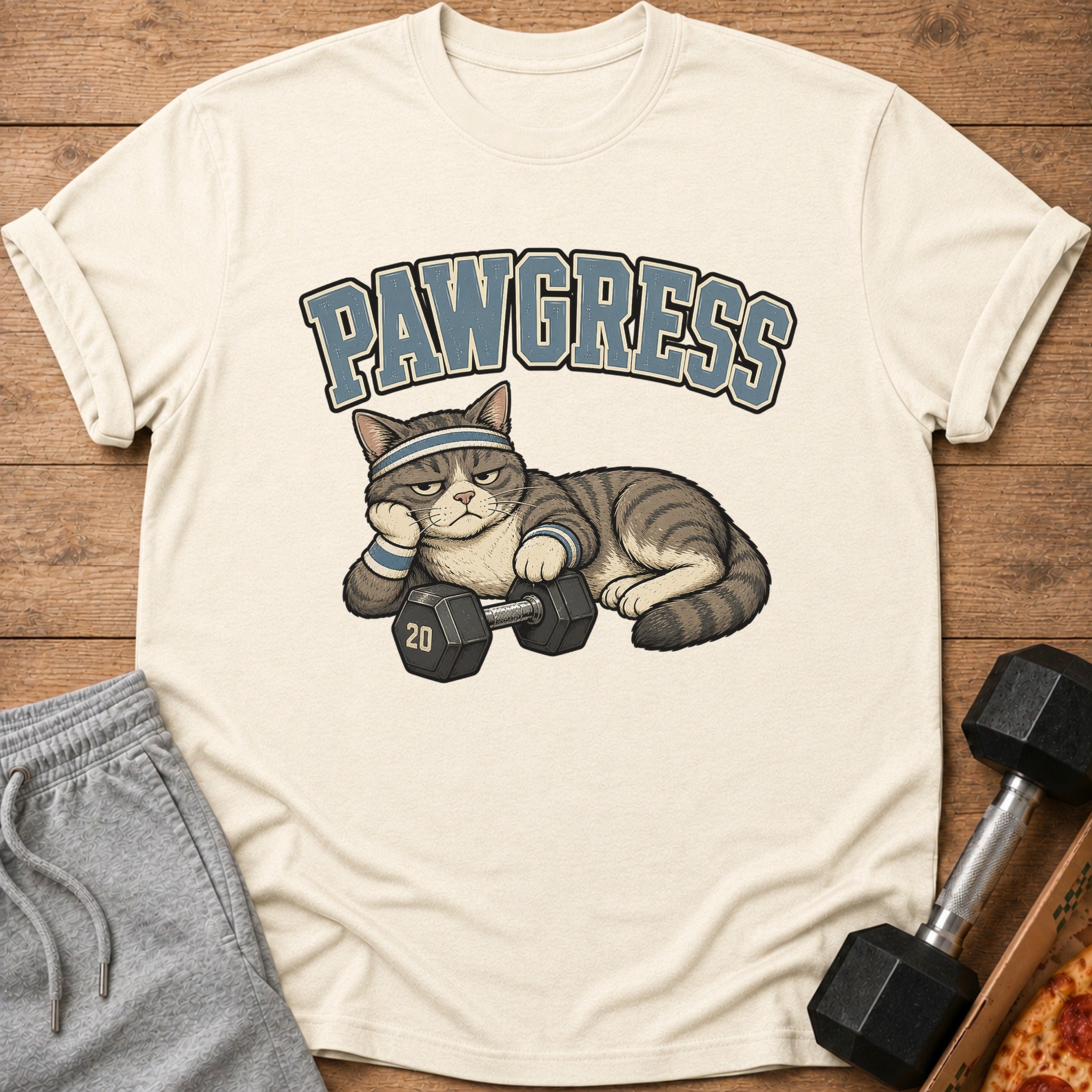 Cat with headband and wristbands rests on dumbbell with "PAWGRESS" text.
