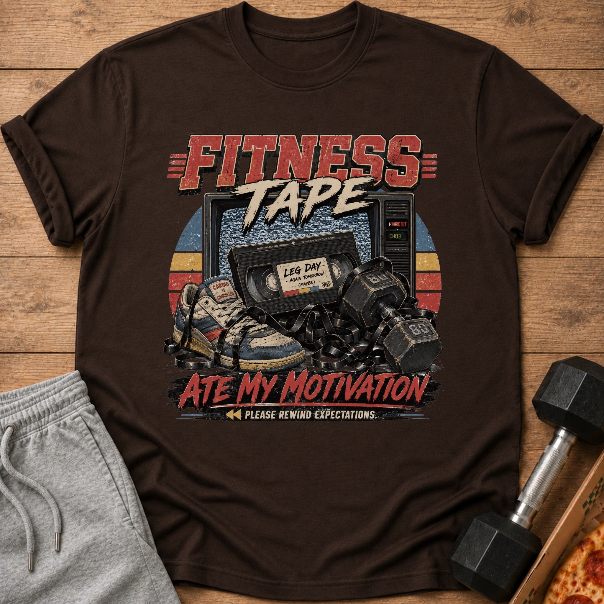 T-shirt graphic with "FITNESS TAPE ATE MY MOTIVATION" text, VHS tape, and sneakers.