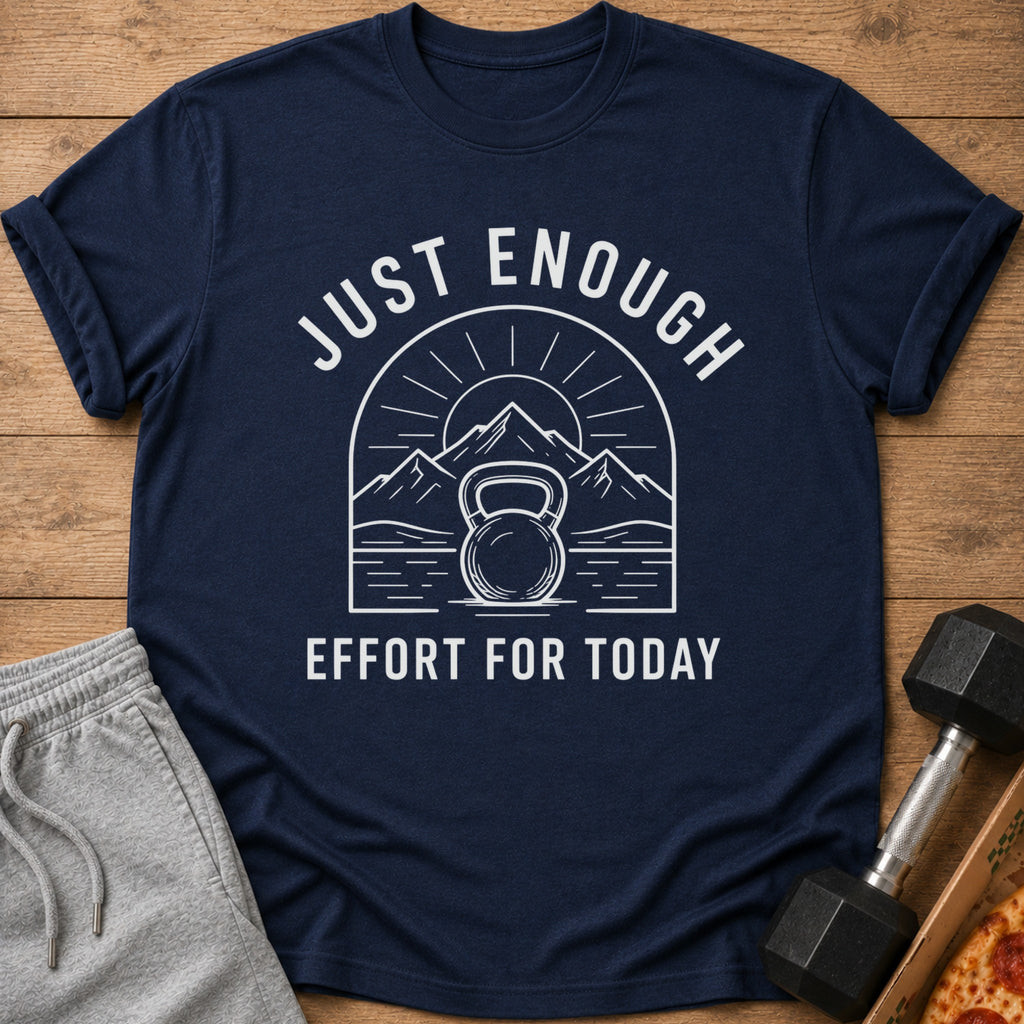 Navy t-shirt with white text and graphic of kettlebell, mountains, and sun.