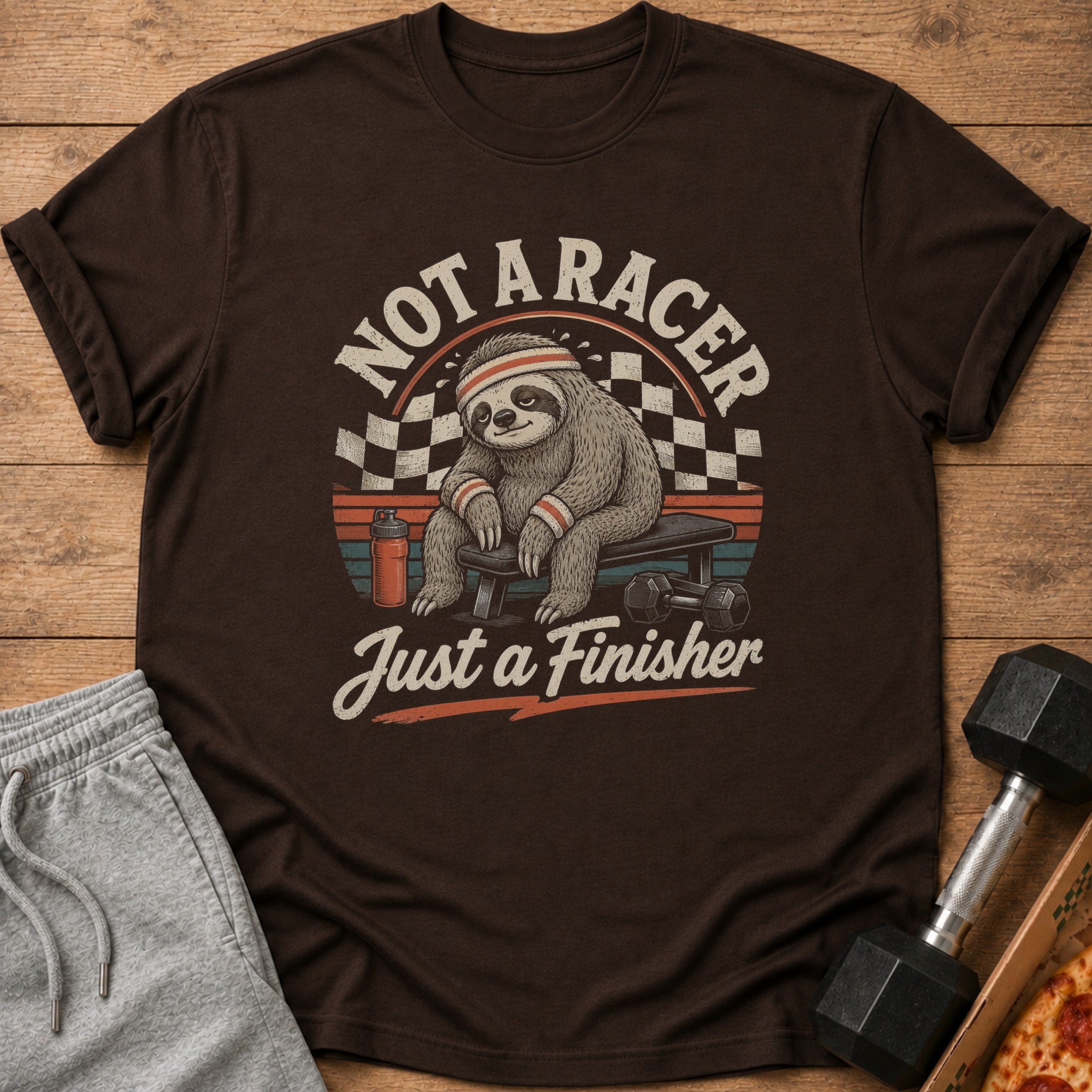Brown t-shirt with sloth graphic reading "Not a Racer, Just a Finisher."