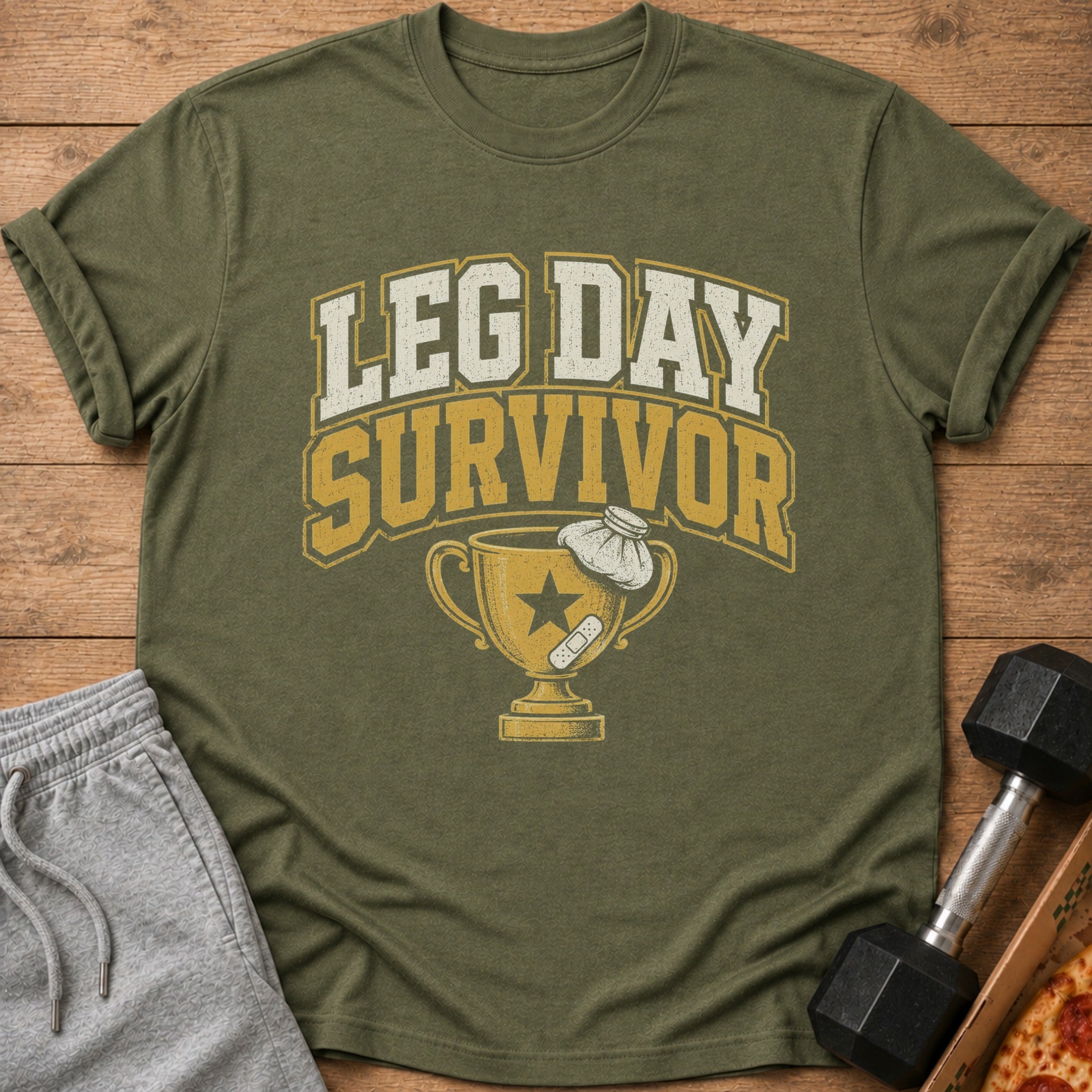 Green t-shirt with "LEG DAY SURVIVOR" text and a trophy with ice pack.