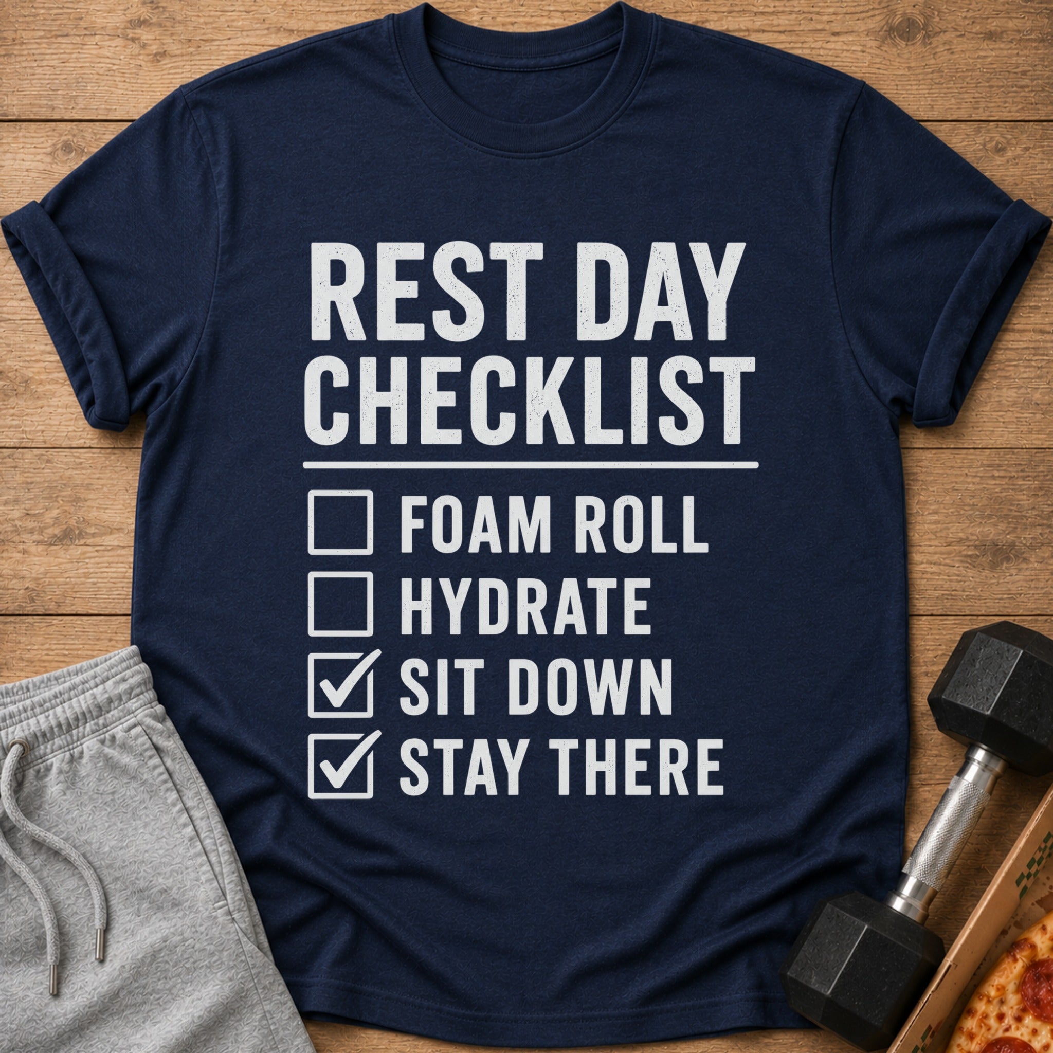 Navy t-shirt with "Rest Day Checklist" and "Foam Roll, Hydrate, Sit Down, Stay There."