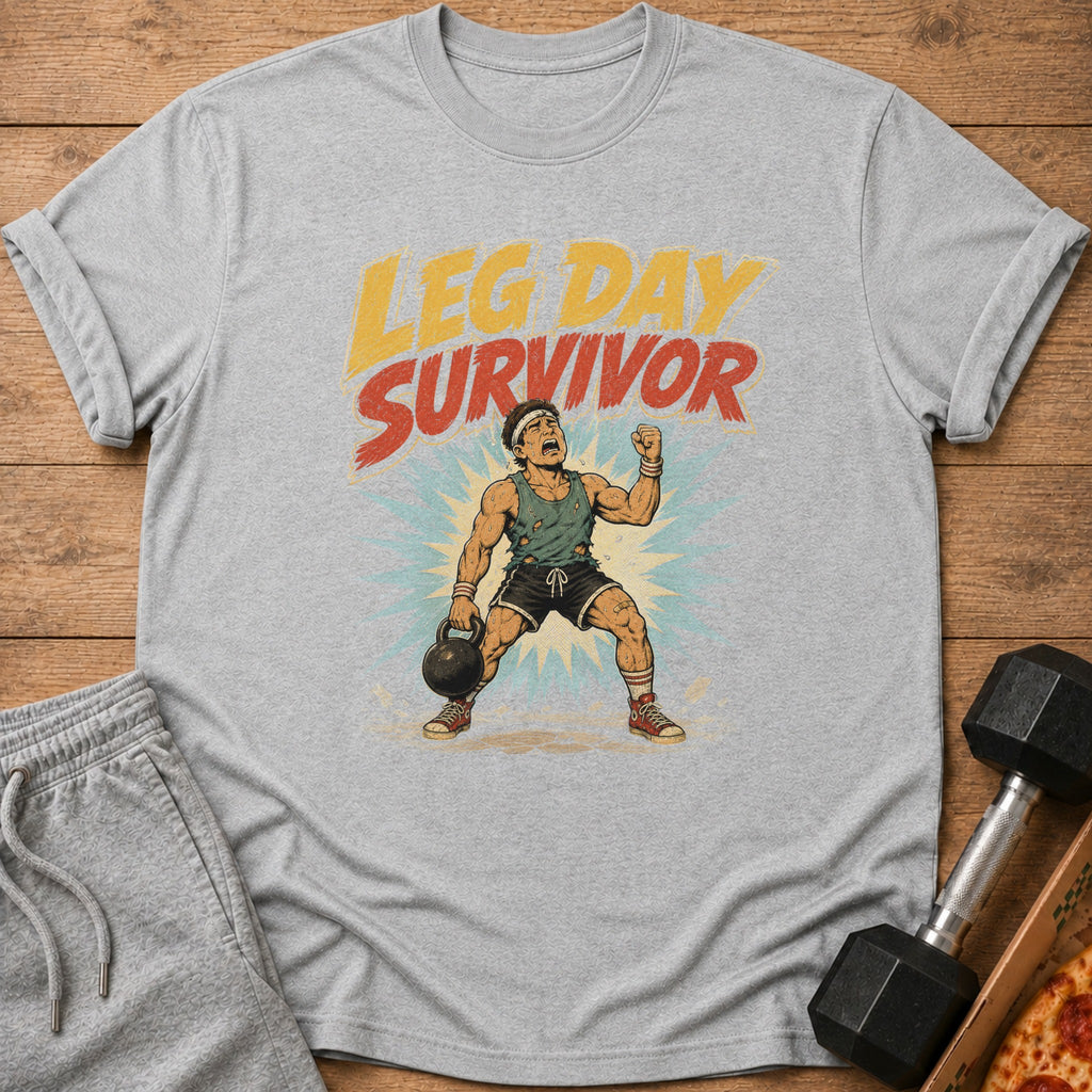 Graphic t-shirt with "LEG DAY SURVIVOR" text and cartoon bodybuilder holding kettlebell.