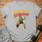 Graphic t-shirt with "LEG DAY SURVIVOR" text and cartoon bodybuilder holding kettlebell.