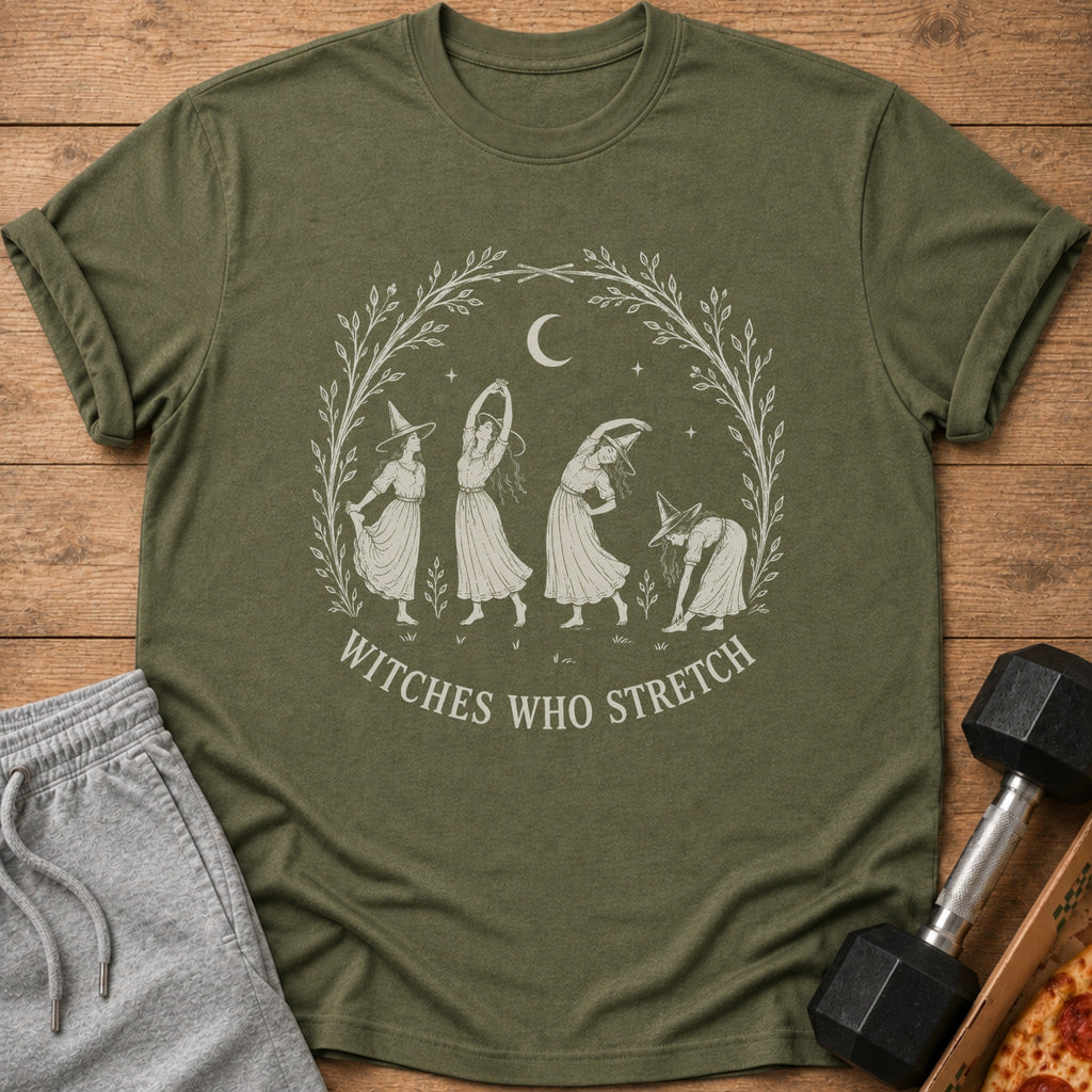 Olive green t-shirt with witches stretching graphic and text "Witches Who Stretch."