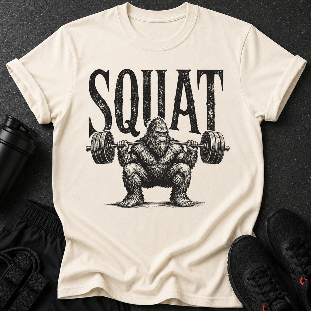 T-shirt with black distressed text "SQUAT" above a hairy Bigfoot lifting a barbell.