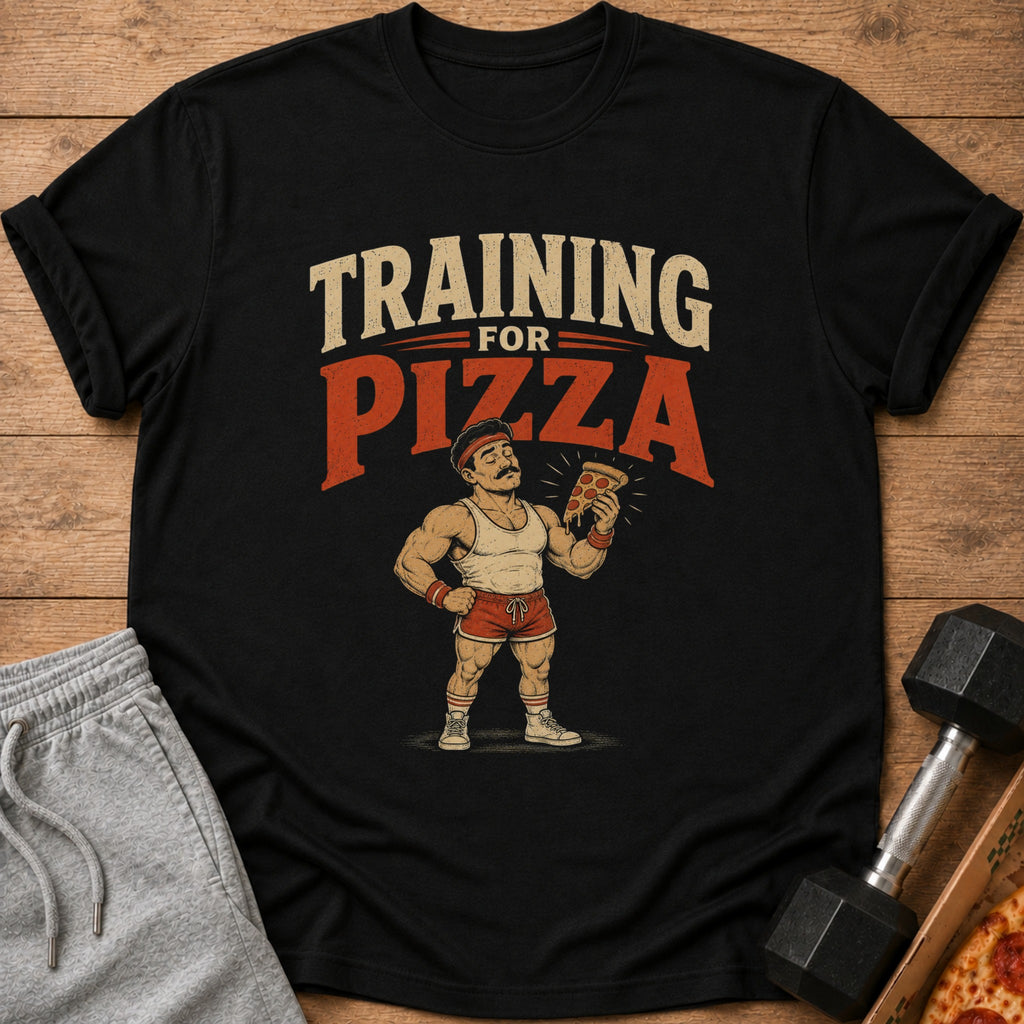 Black t-shirt graphic with text "TRAINING FOR PIZZA" and a cartoon muscular man holding pizza.