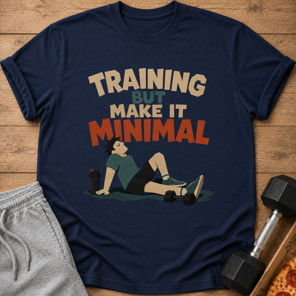 Navy t-shirt with text "TRAINING BUT MAKE IT MINIMAL" and cartoon man resting.