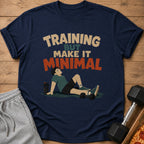 Navy t-shirt with text "TRAINING BUT MAKE IT MINIMAL" and cartoon man resting.