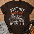 Brown t-shirt with skeleton on couch, pizza, and text "Rest Day Is My Favorite Workout".