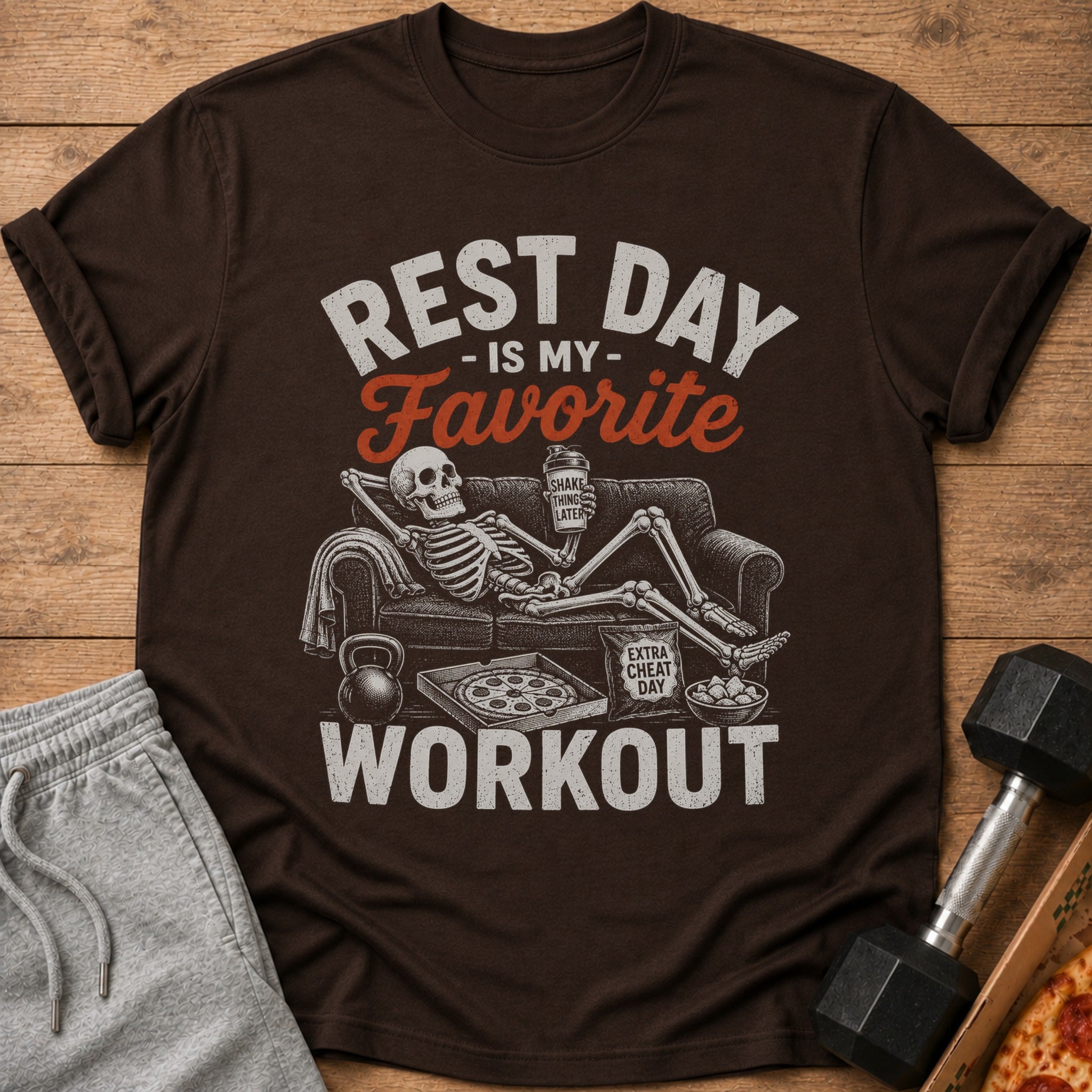 Brown t-shirt with skeleton on couch, pizza, and text "Rest Day Is My Favorite Workout".
