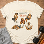 T-shirt with capybaras in gym poses and text: Gym membership still cheaper than therapy.