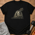 Black t-shirt with graphic of women running on treadmills in a line.