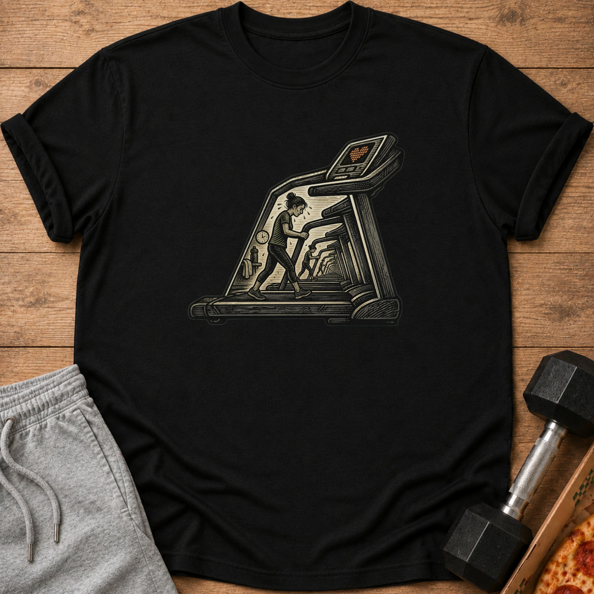 Black t-shirt with graphic of women running on treadmills in a line.