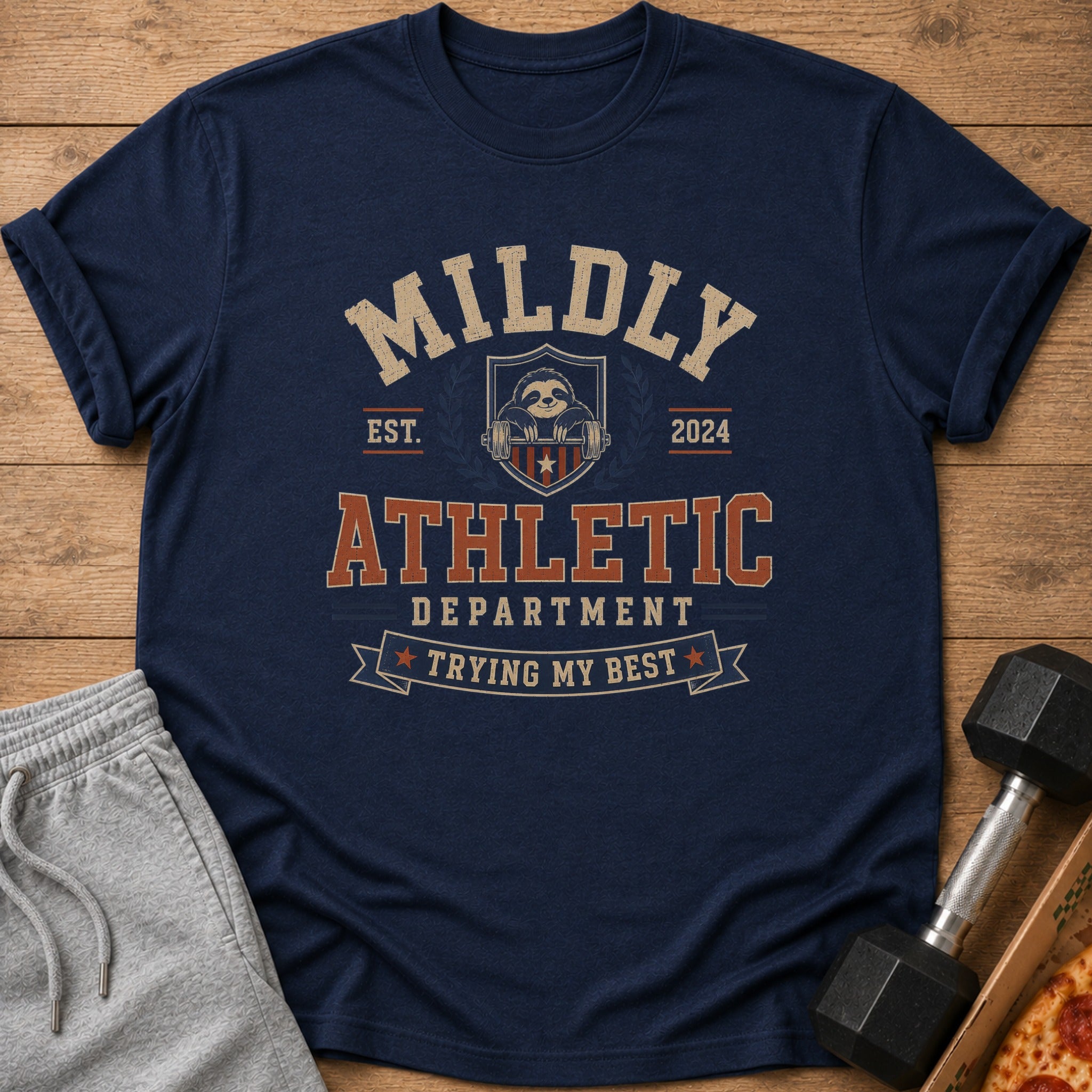 Navy t-shirt with "MILDLY ATHLETIC DEPARTMENT TRYING MY BEST" text and a sloth.
