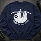 Navy sweatshirt with white graphic of a sloth hanging from a bar, reading "Snooze Button Athlete".