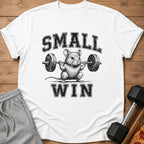 White t-shirt graphic of a mouse lifting weights with text "SMALL WIN".