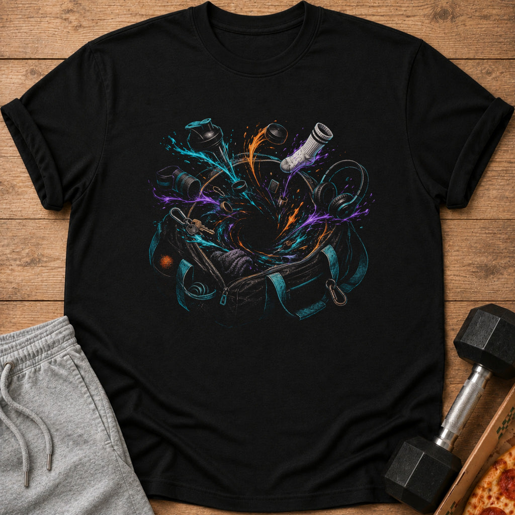 Black t-shirt featuring a vortex of gym items exploding from an open duffel bag.