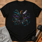Black t-shirt featuring a vortex of gym items exploding from an open duffel bag.