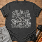 Graphic t-shirt with animals eating snacks and text "respect the snack pack".