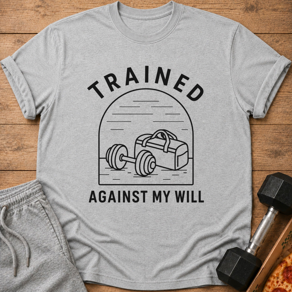 Grey t-shirt with black text and graphic of dumbbell and gym bag.