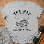 Grey t-shirt with black text and graphic of dumbbell and gym bag.