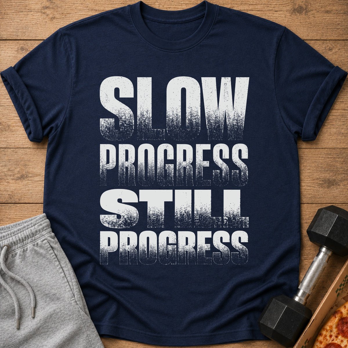 Navy t-shirt with distressed white text reading "SLOW PROGRESS STILL PROGRESS".
