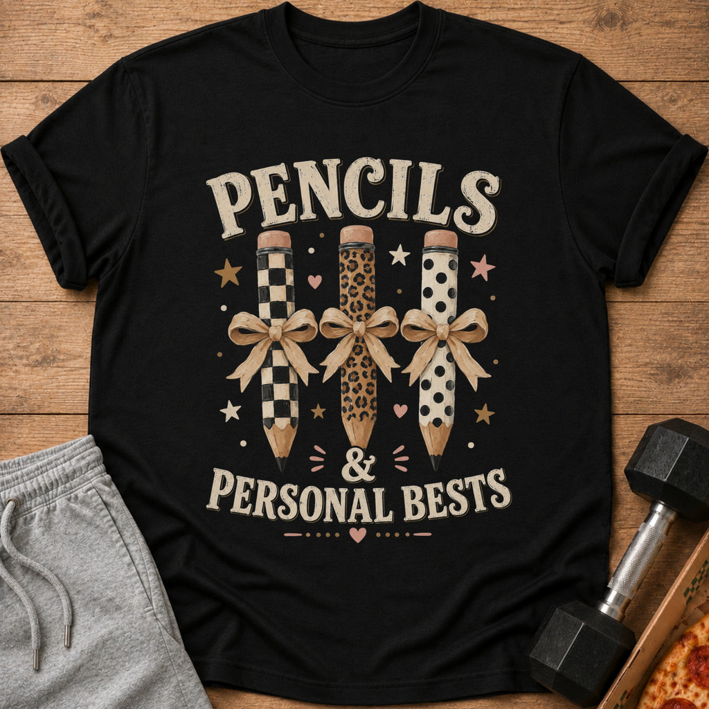 Black t-shirt with "PENCILS & PERSONAL BESTS" and decorated pencils.
