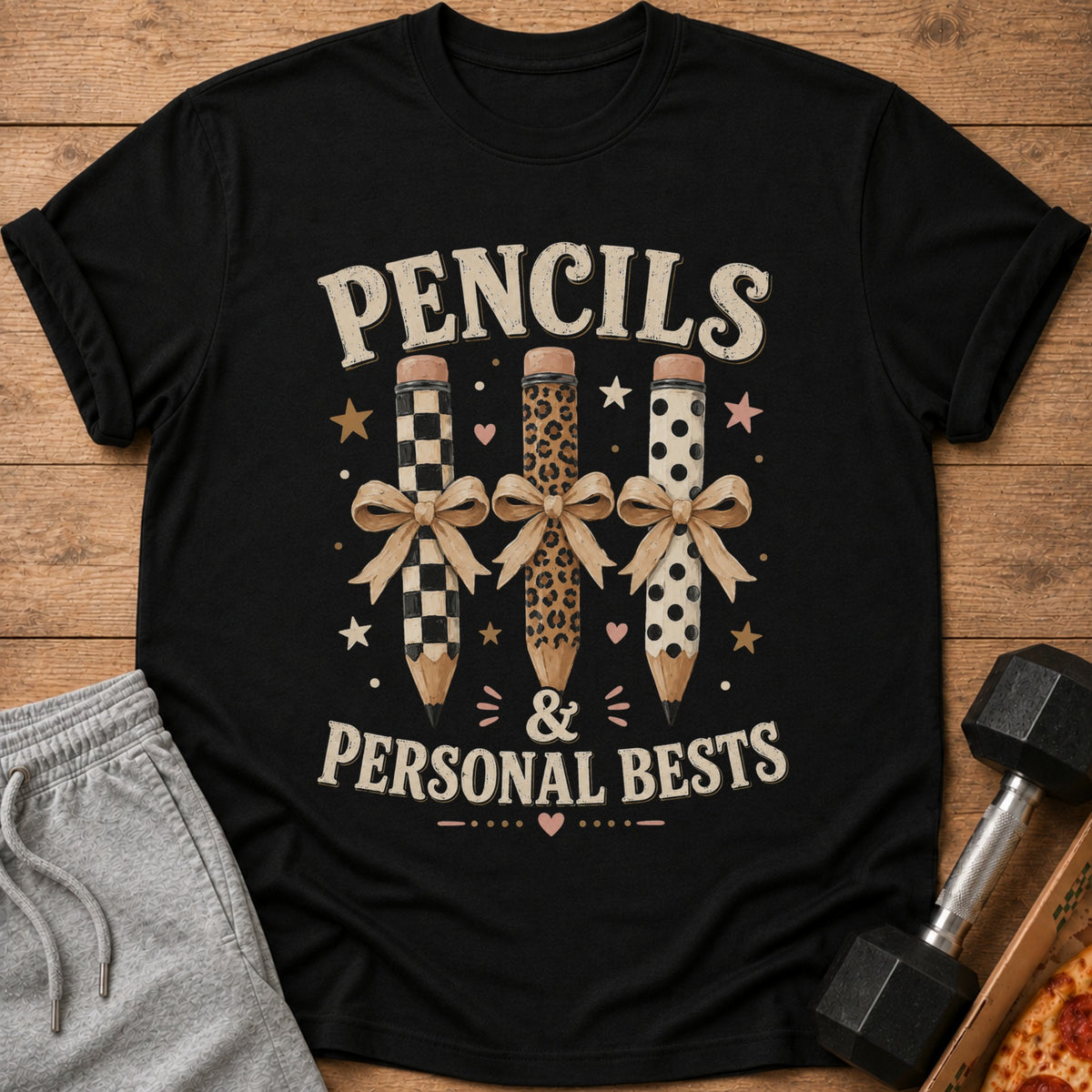 Black t-shirt with "PENCILS & PERSONAL BESTS" and decorated pencils.