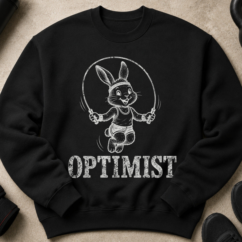 Black sweatshirt featuring a sketched bunny jumping rope with the word OPTIMIST.