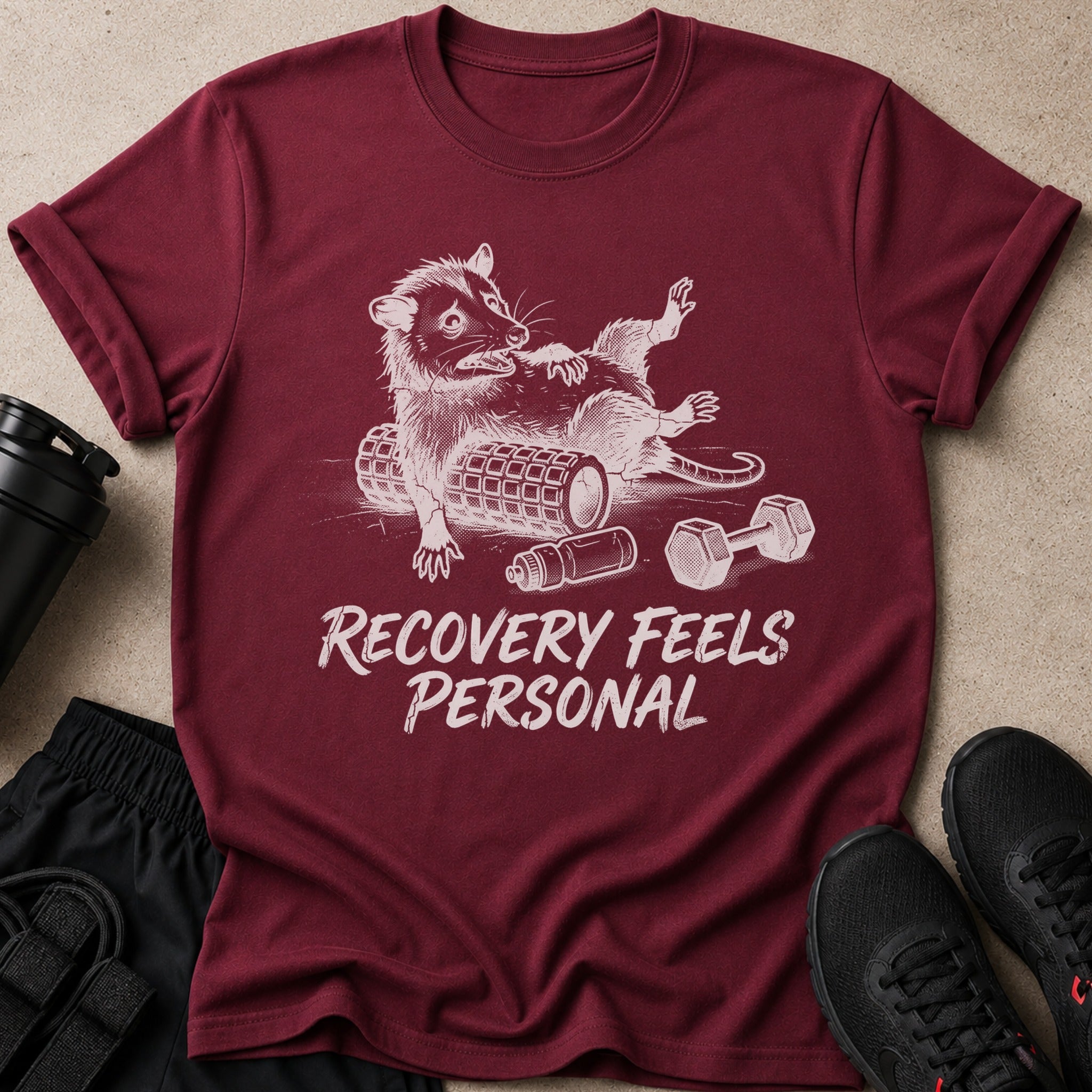 Maroon t-shirt with opossum graphic and text "Recovery Feels Personal."