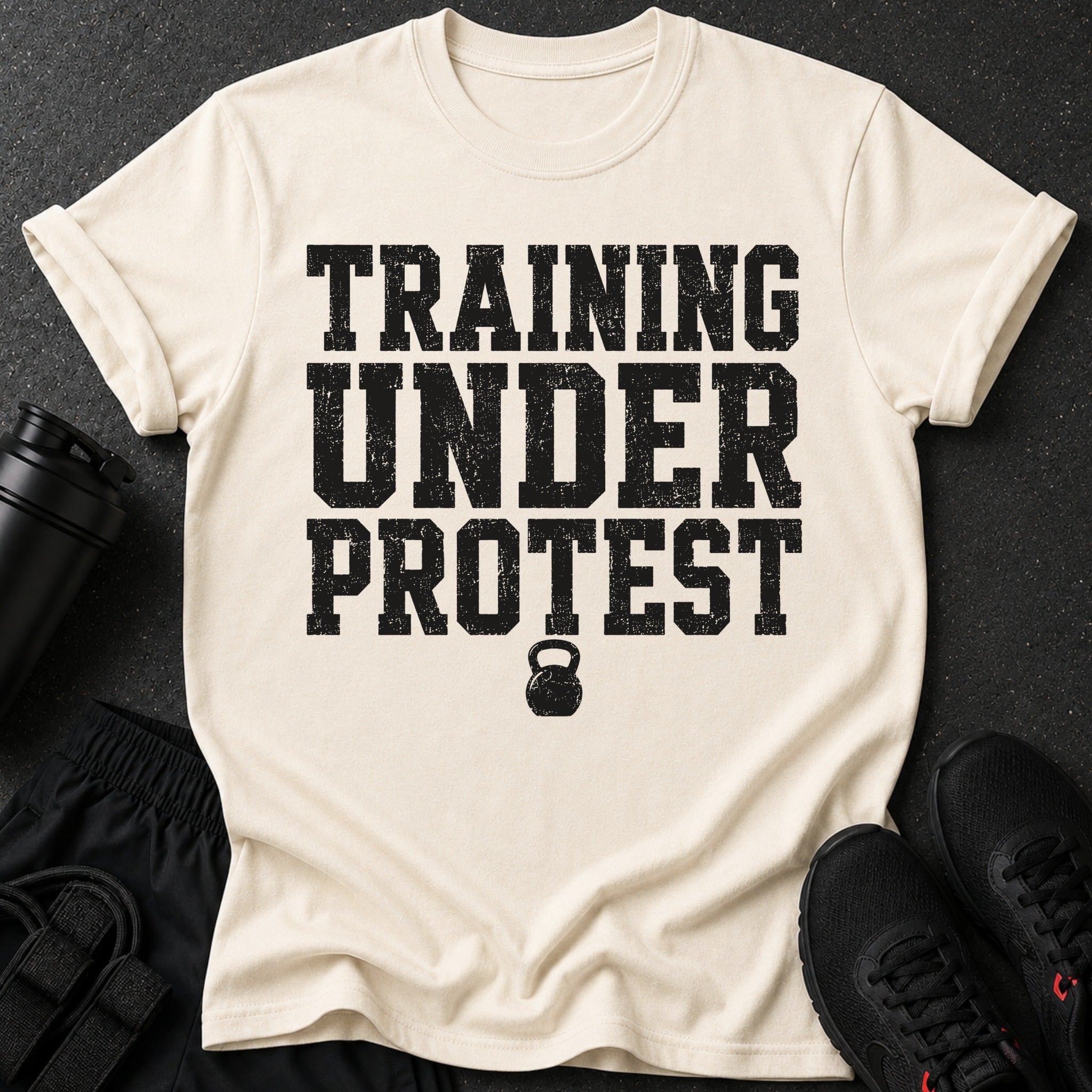 Cream t-shirt with black distressed text "TRAINING UNDER PROTEST" and kettlebell graphic.