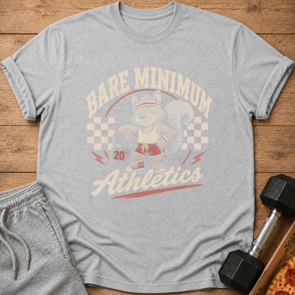 Grey t-shirt with a cartoon squirrel in athletic wear and text "Bare Minimum Athletics"