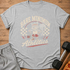 Grey t-shirt with a cartoon squirrel in athletic wear and text "Bare Minimum Athletics"