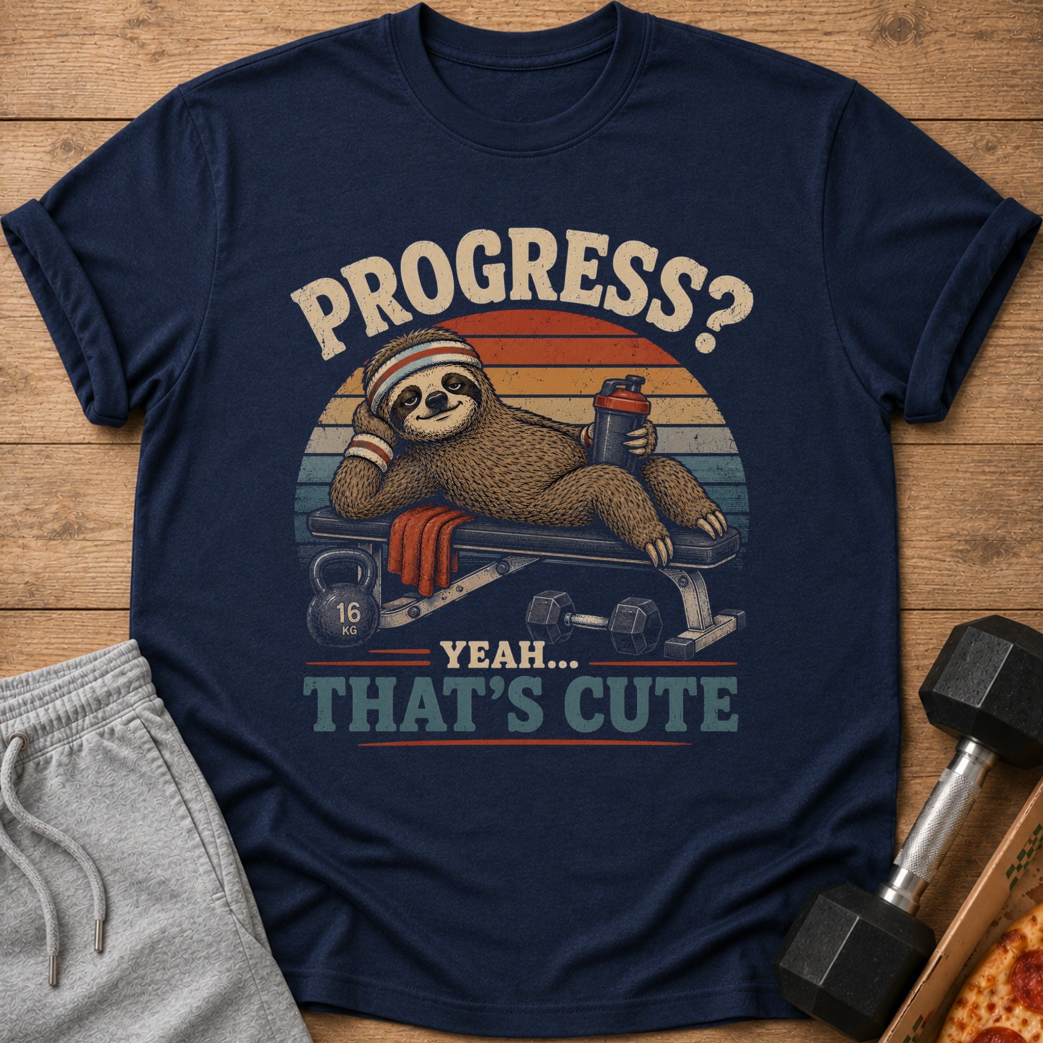 Navy t-shirt with a sloth on a bench press, "Progress? Yeah...That's Cute" text.