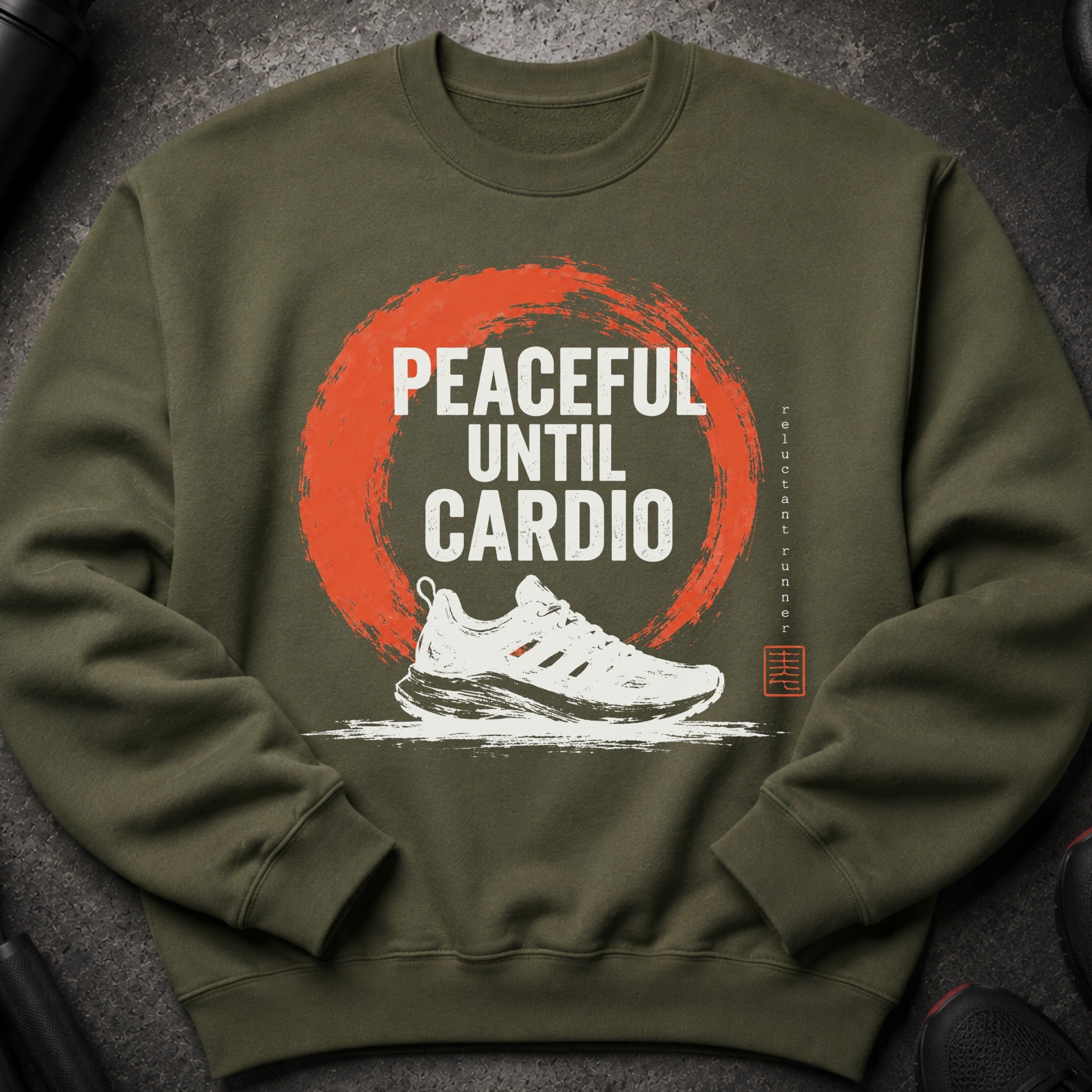 Olive green sweatshirt with "PEACEFUL UNTIL CARDIO" text and a running shoe graphic.