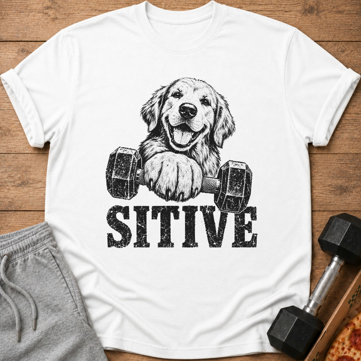 White t-shirt with a drawing of a golden retriever holding a dumbbell with text "SITIVE".