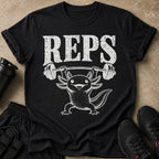 Black t-shirt with "REPS" and a cartoon axolotl lifting weights.