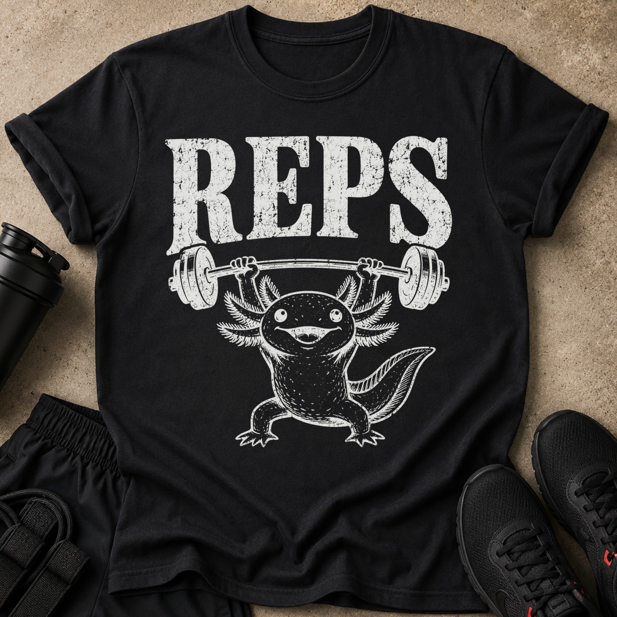 Black t-shirt with "REPS" and a cartoon axolotl lifting weights.