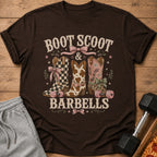 Brown t-shirt with "Boot Scoot & Barbells" text and cowboy boot graphics.