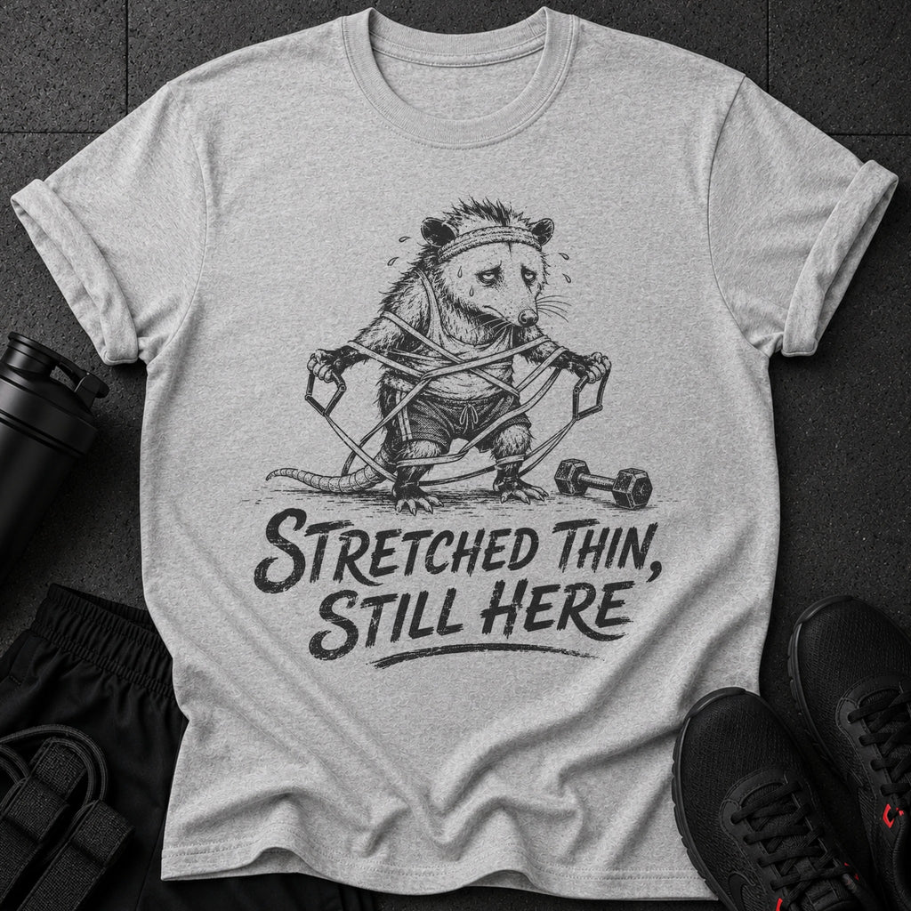 Grey t-shirt with graphic of a possum exercising with resistance bands and text "STRETCHED THIN, STILL HERE".