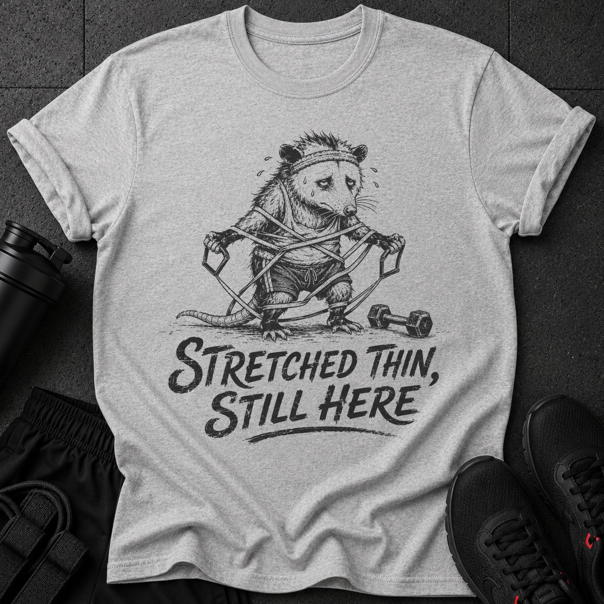 Grey t-shirt with graphic of a possum exercising with resistance bands and text "STRETCHED THIN, STILL HERE".