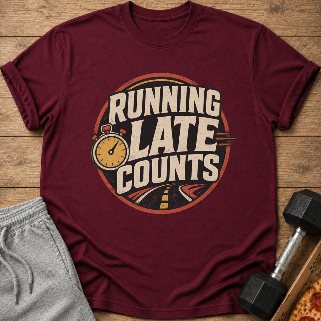 Maroon t-shirt with "Running Late Counts" graphic featuring a stopwatch and road.